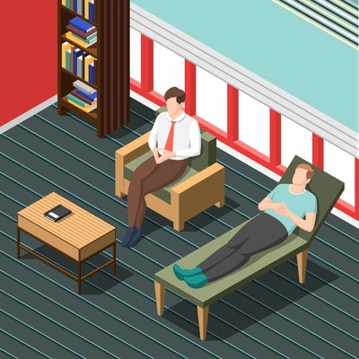 Psychotherapy counseling isometric background with doctor talking with patient lying on couch vector illustration