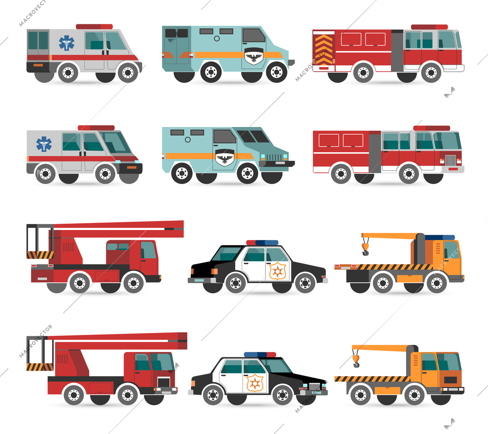 Flat emergency vehicles with fire track and police car vector illustrations