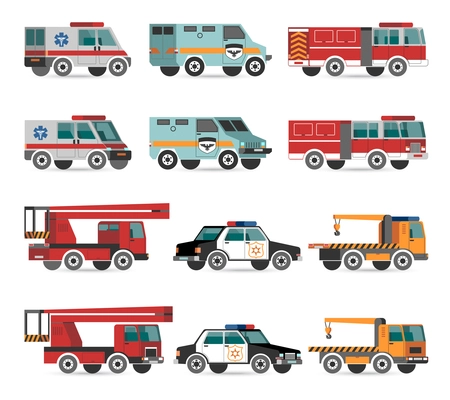 Flat emergency vehicles with fire track and police car vector illustrations