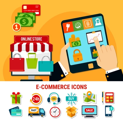 E-commerce set of flat icons with online store, money, products, delivery, electronic devices isolated vector illustration
