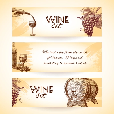 Wine vintage sketch banners set of wineglass bottle and barrel isolated vector illustration