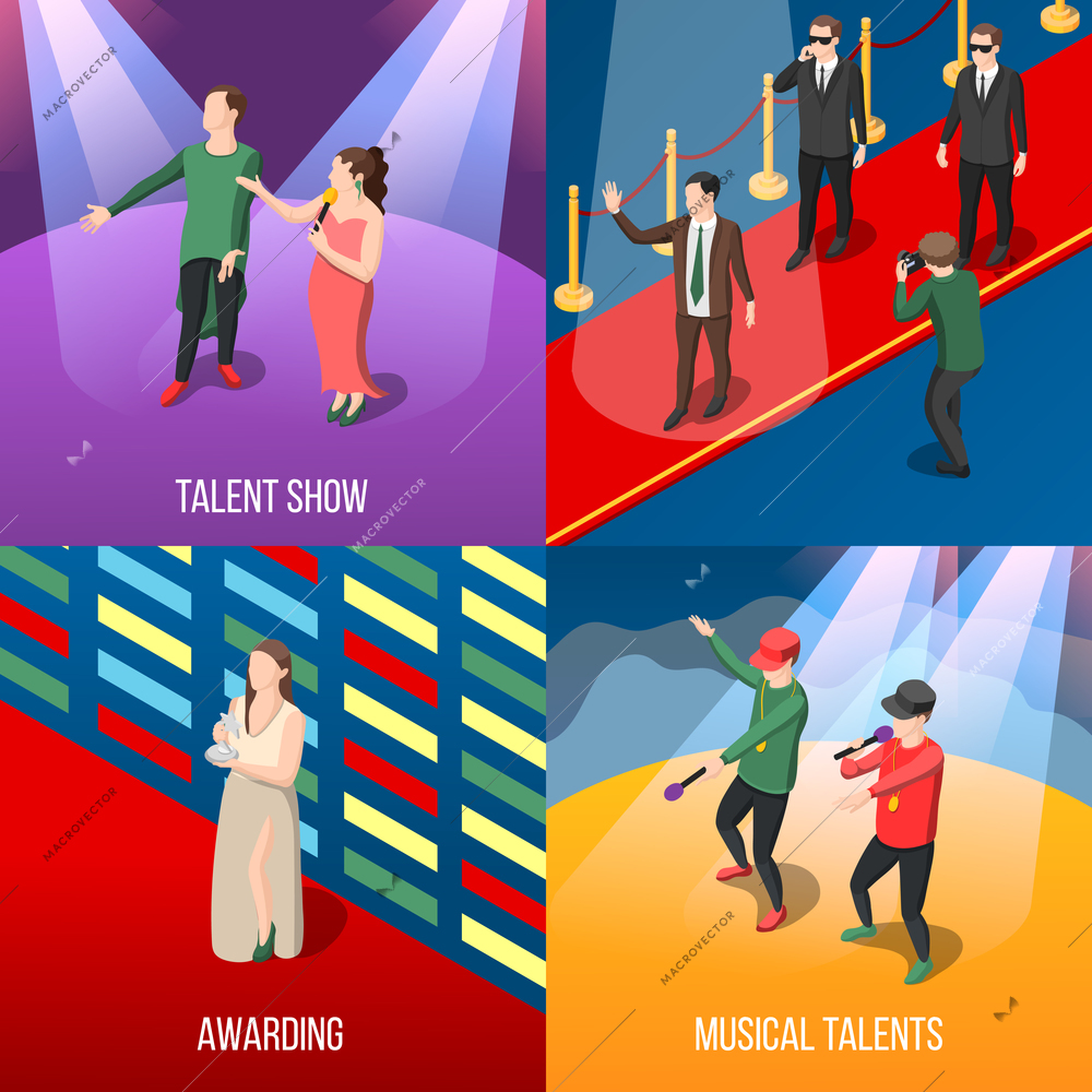 Talents and awards isometric concept with musical show program, young stars on red carpet isolated vector illustration