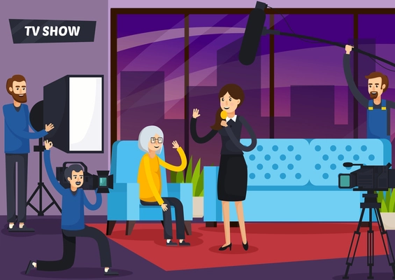 Tv show orthogonal composition with woman presenter, sound man, cameraman and elderly visitor in studio vector illustration