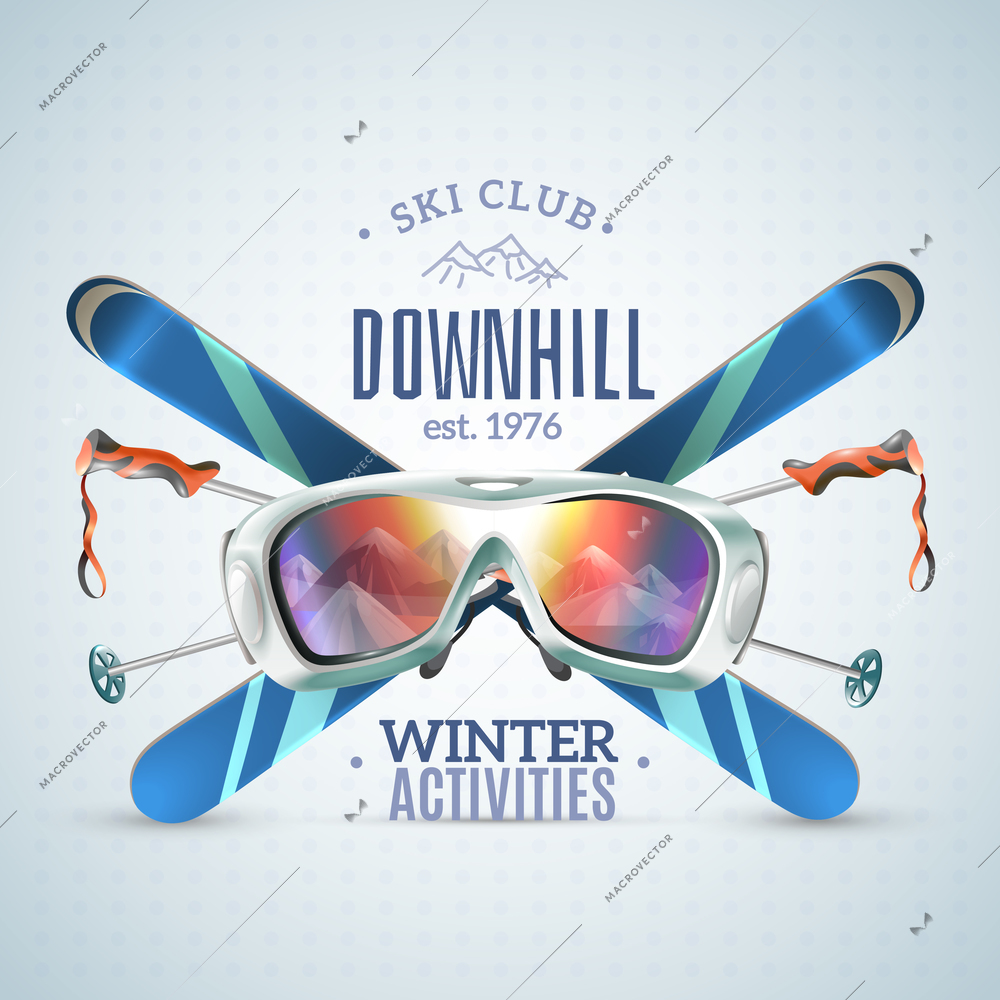 Colored ski club poster with downhill winter activities headline and equipment extremals vector illustration