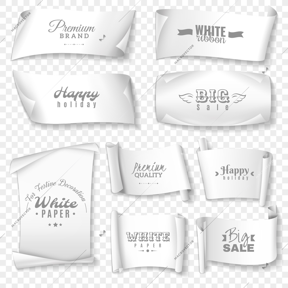 Realistic white paper banner icon set with shadowed ribbons and happy holiday big sale descriptions vector illustration