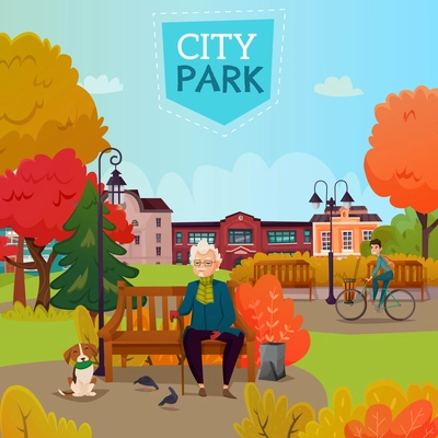 Autumn city park cartoon vector Illustration of elderly man with cane sitting on bench and dog watching pigeons