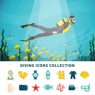 Diving icons collection with scuba equipment including camera and flashlight, gestures, underwater wildlife isolated vector illustration