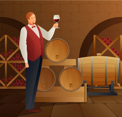 Wine production with sommelier barrel and glass gradient flat vector illustration