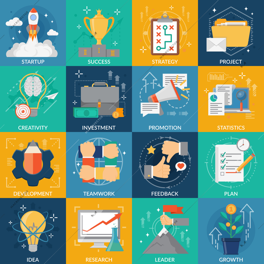 Development square icons set of idea strategy research plan investment startup project success flat elements vector illustration