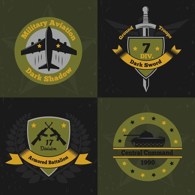 Military emblems color 2x2 design concept with flat colourful emblems of war service insignia with weapons vector illustration