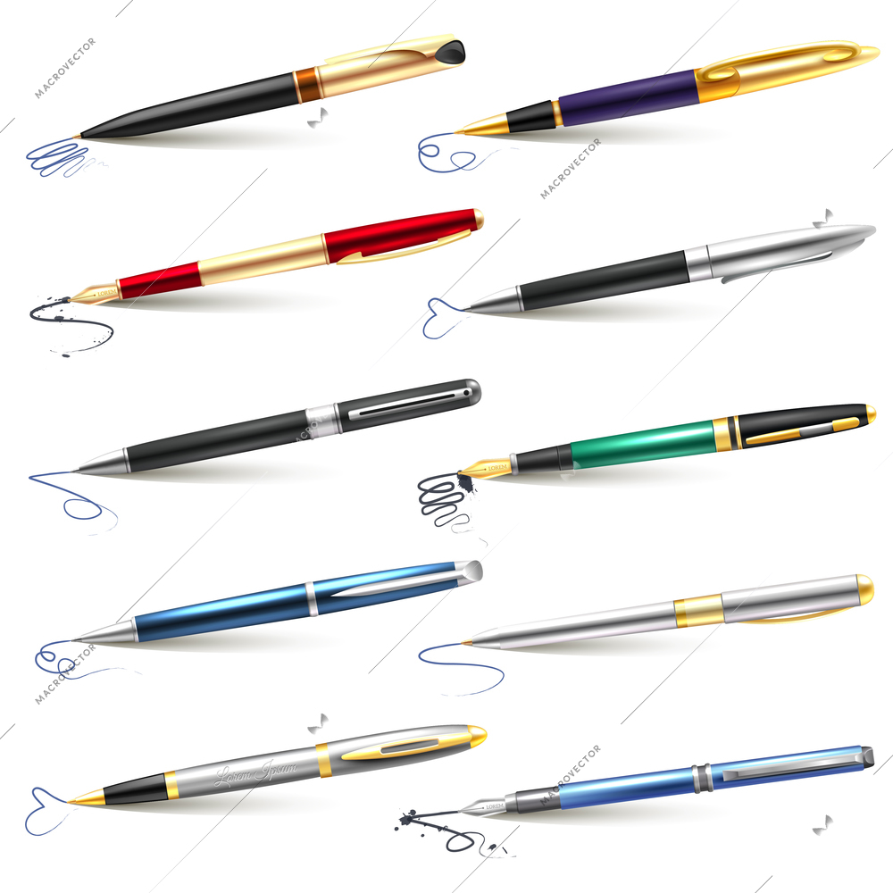 Colored and realistic business fountain pen icon set with blue black ink and ballpoint fountain pens vector illustration