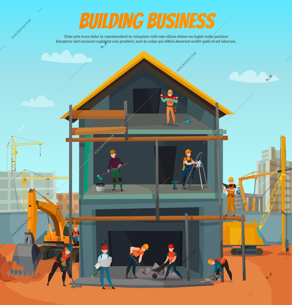 House construction, scene with workers, professional tools, building equipment on blue sky background vector illustration