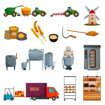 Bread production set with growing cereals, harvesting, bakery equipment, flour products delivery, shop shelves isolated vector illustration