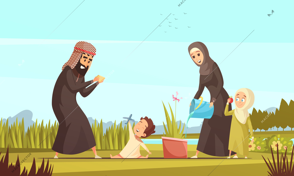 Young arab muslim family in traditional clothing with two children outdoor playing and watering plant cartoon vector illustration