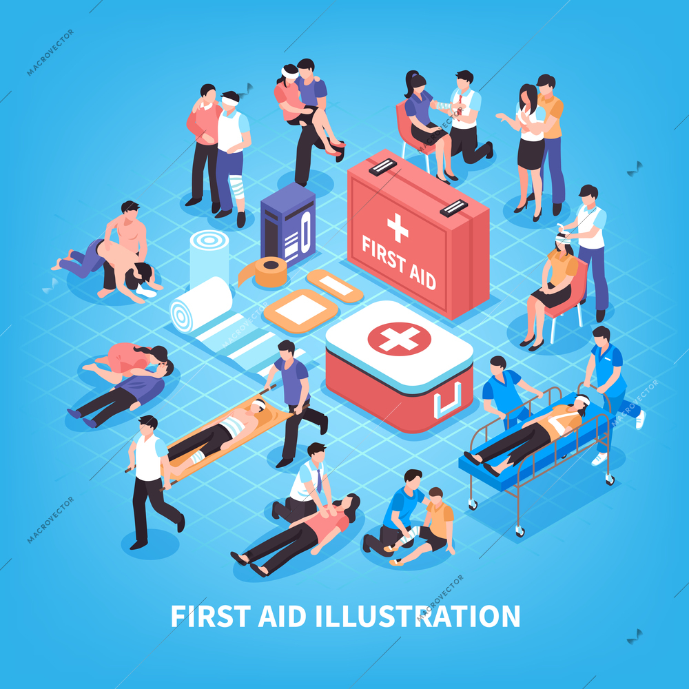 First aid isometric composition with rescue of victim persons, emergency care kit on blue background vector illustration