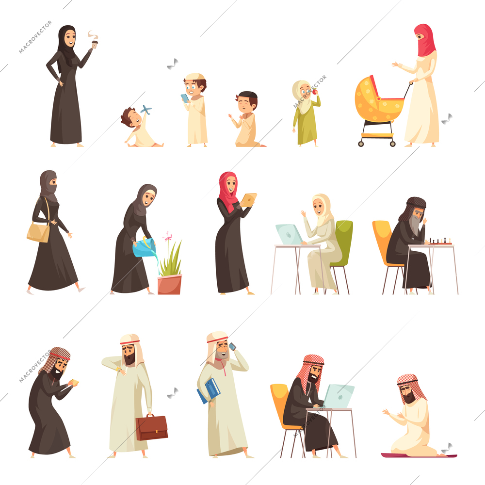 Arabs family life culture traditions cartoon icons collection with man woman home working praying isolated vector illustration