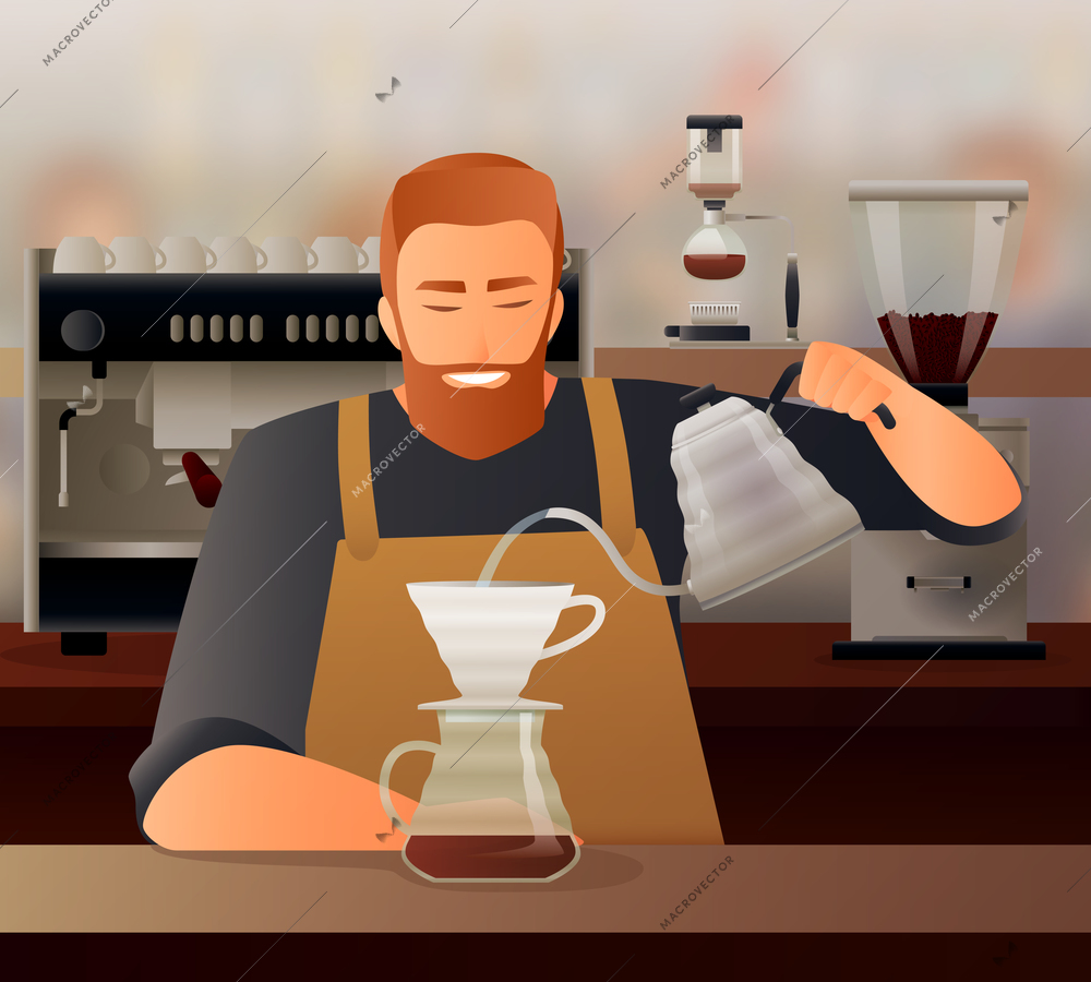 Barista gradient composition with coffee cup and teapot flat vector illustration