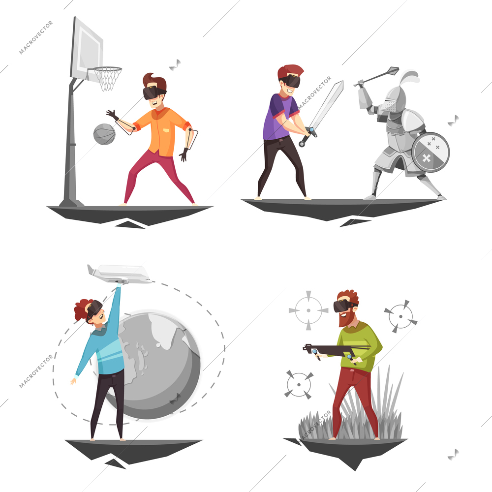 Virtual reality glasses experience 4 games icons set concept square with basketball player isolated cartoon vector illustration