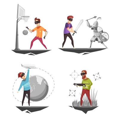 Virtual reality glasses experience 4 games icons set concept square with basketball player isolated cartoon vector illustration