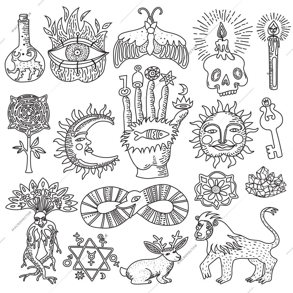 Monochrome doodle set of trendy magic tattoo designs isolated on white background vector illustration