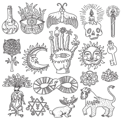 Monochrome doodle set of trendy magic tattoo designs isolated on white background vector illustration