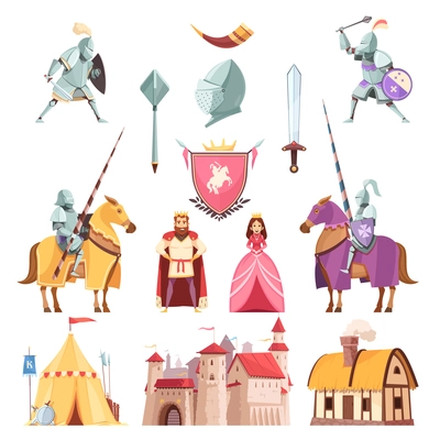 Medieval royal heraldry cartoon icons set with castle riders in armor tournament king knight princess isolated vector illustration