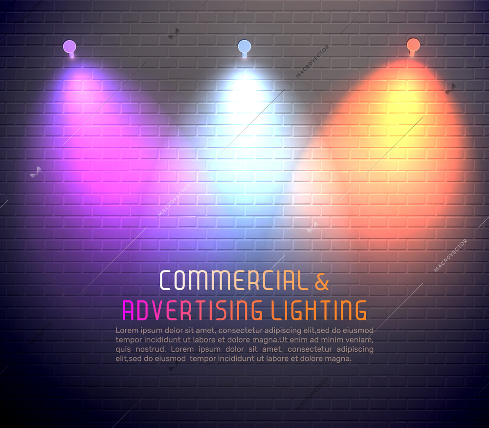 Colored light effects for commercial using and advertising illumination poster on brick wall background vector illustration