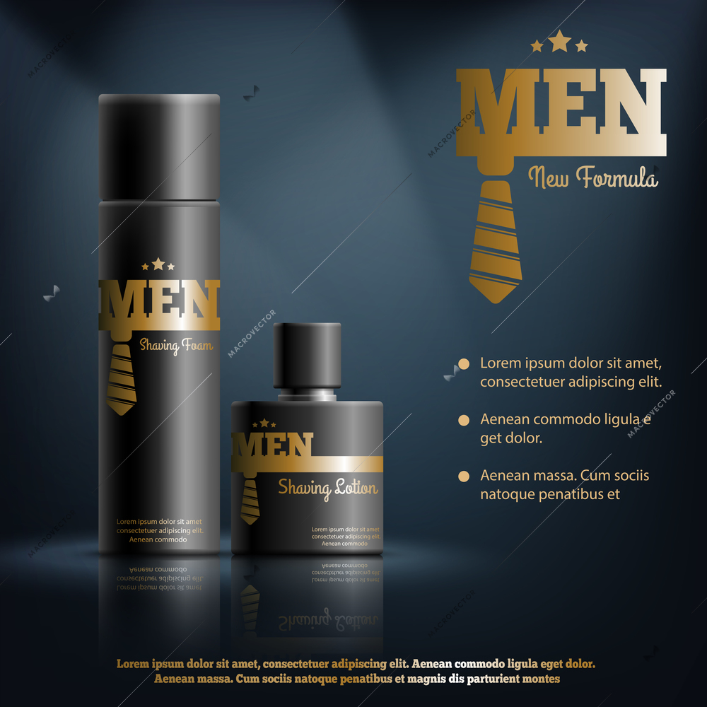 Mens shaving cosmetics realistic composition with foam and lotion, golden brand identity on dark background vector illustration