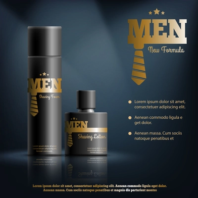 Mens shaving cosmetics realistic composition with foam and lotion, golden brand identity on dark background vector illustration