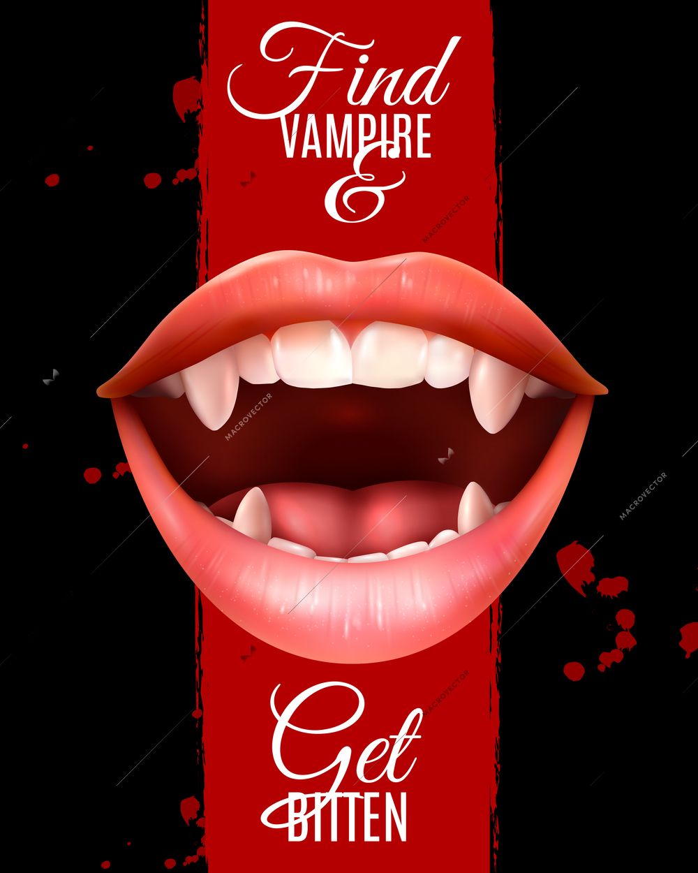 Realistic open female vampire mouth with fangs poster with typographic lettering on dark grunge background vector illustration