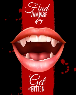 Realistic open female vampire mouth with fangs poster with typographic lettering on dark grunge background vector illustration