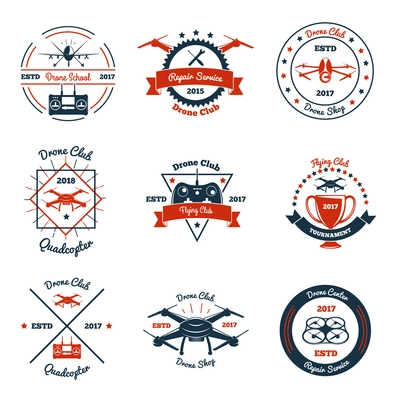 Color emblems with drone, controller and design elements for club, school, repair service, tournament isolated vector illustration