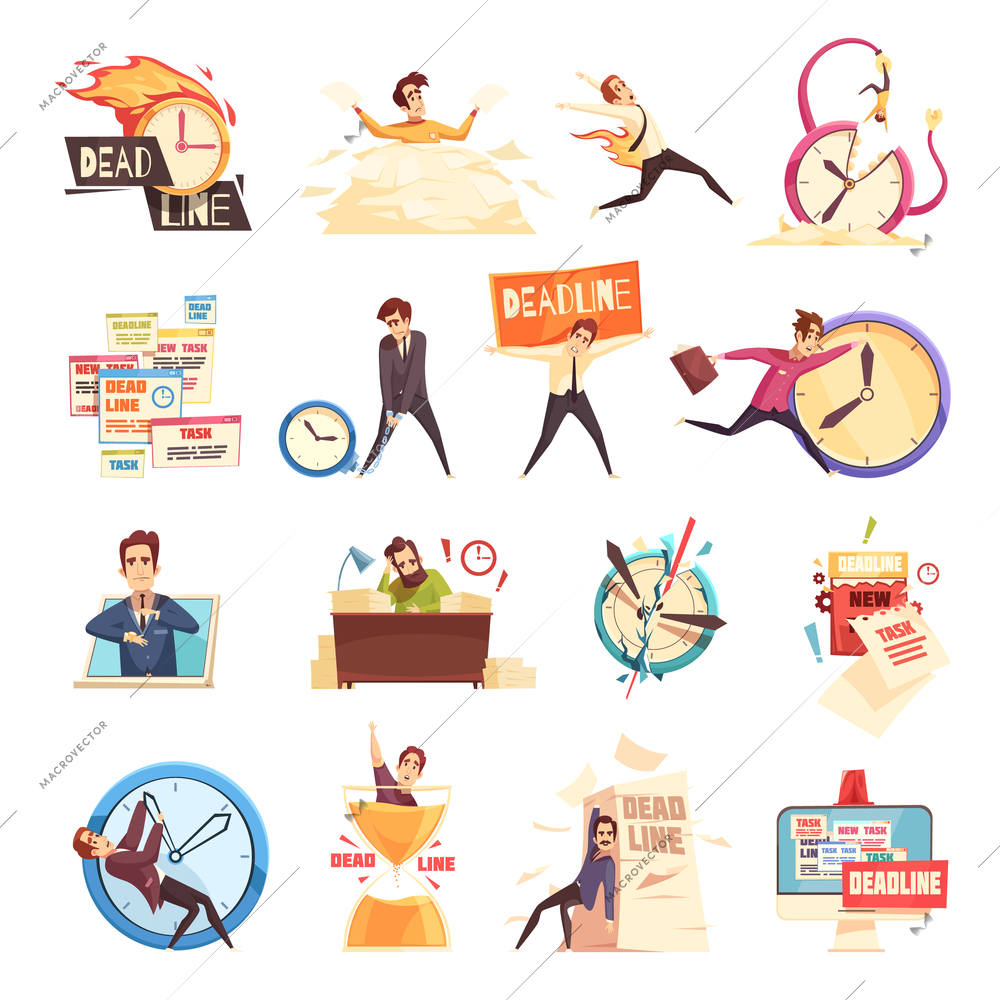 Workload deadline disasters project managers work related stress and burnout symbols cartoon icons collection isolated vector illustration