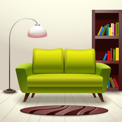 Interior indoor living room design with sofa lamp and bookshelf vector illustration