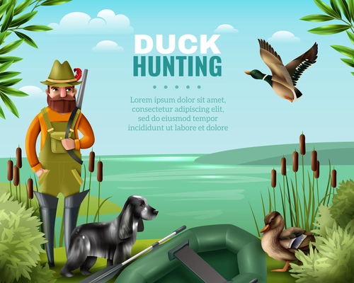 Man in boots with gun for duck hunting, hound and oar boat on river coast vector illustration