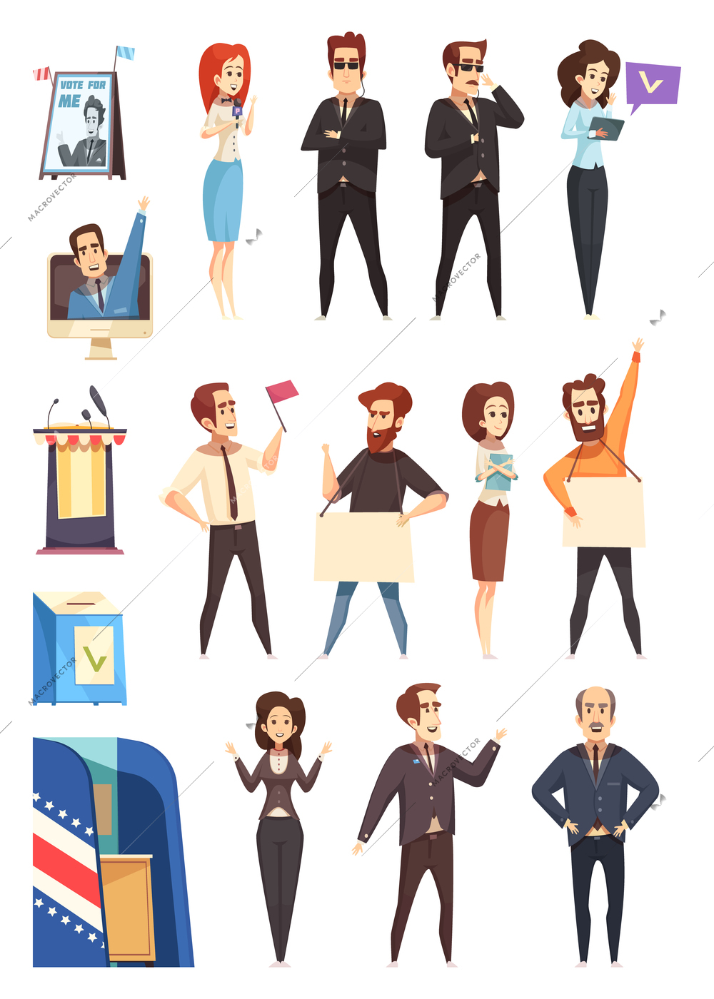 Presidential election campaign participants attributes cartoon icons collection with candidates supporters activists and slogans isolated vector illustration