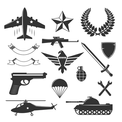 Military emblems elements set of isolated monochrome images of weapons signs and symbols on blank background vector illustration