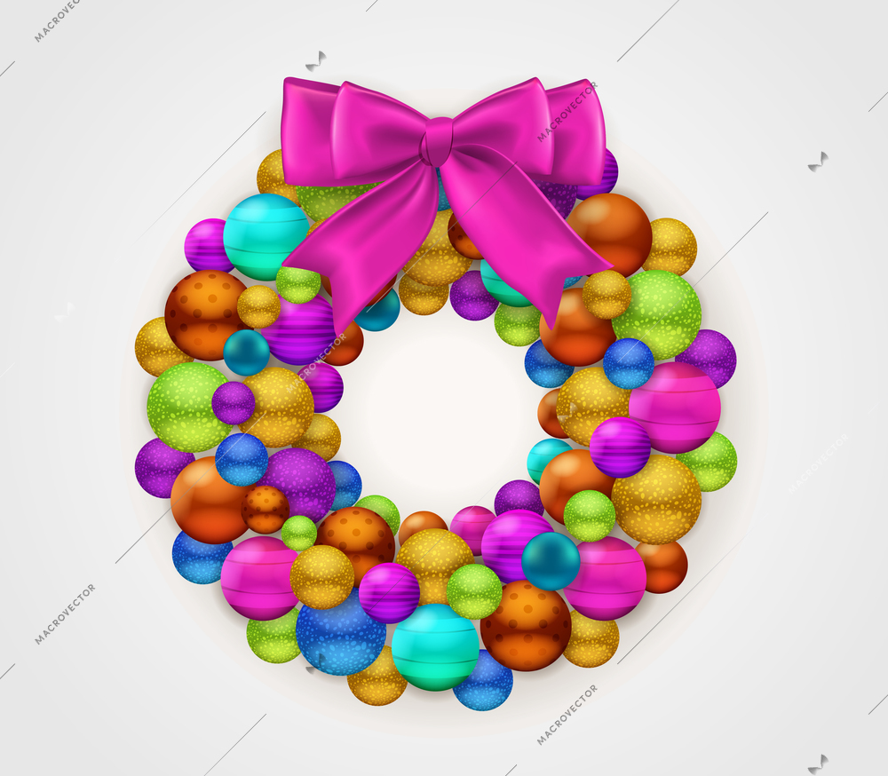 Christmas round garland made of colorful christmas balls decorated by violet bow on white background realistic vector Illustration