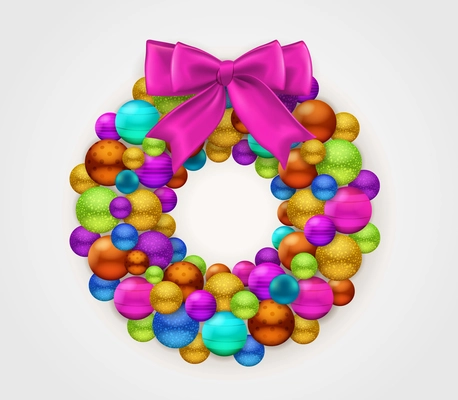 Christmas round garland made of colorful christmas balls decorated by violet bow on white background realistic vector Illustration