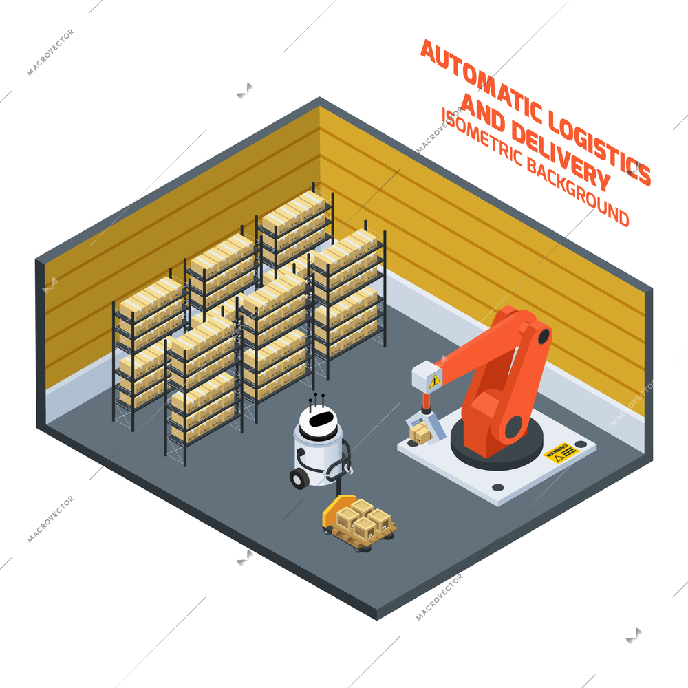 Automatic logistics and delivery isometric composition with warehouse symbols vector illustration