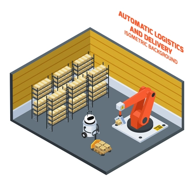 Automatic logistics and delivery isometric composition with warehouse symbols vector illustration