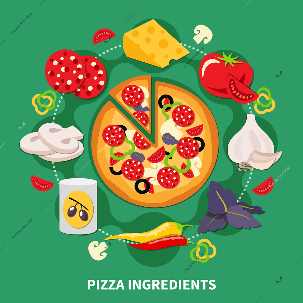 Pizza ingredients round composition with vector images of various pizza filler slices and cooked pepperoni pizza vector illustration