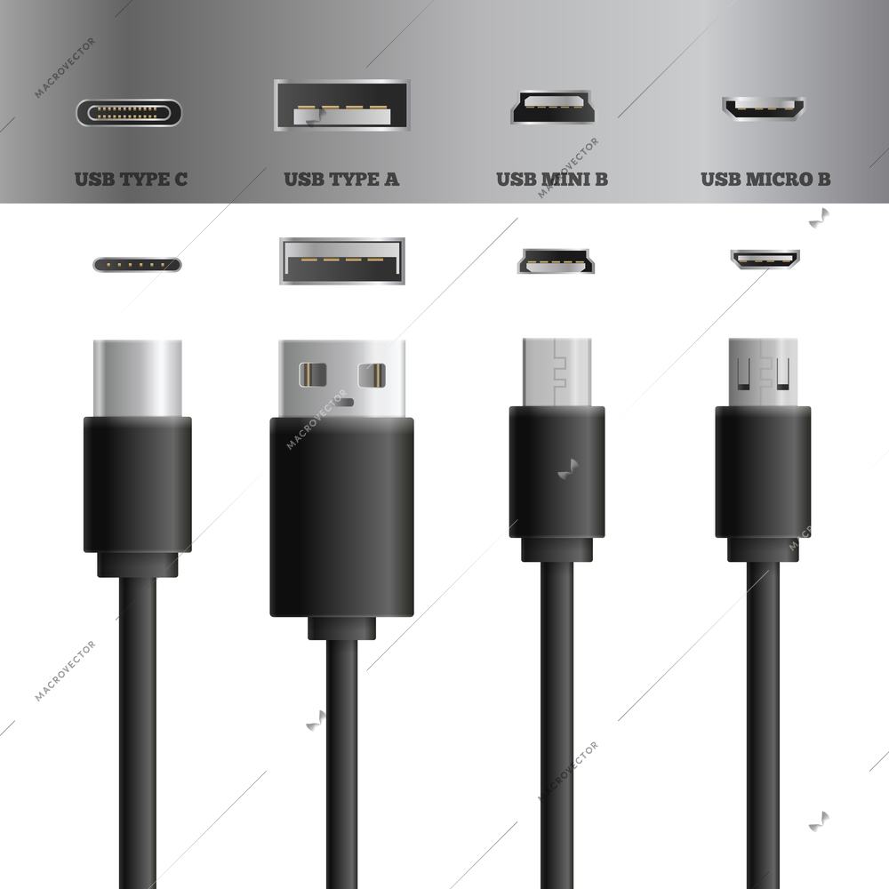 Realistic usb cable connectors types set of images with modern types of usb plugs and sockets vector illustration