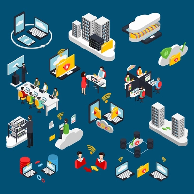 Cloud office isometric icons set with data protection symbols isolated vector illustration