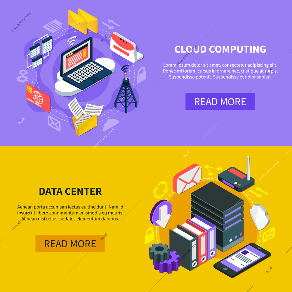 Cloud computing and data center horizontal banners with hardware used for data exchange technology and storage service isometric vector illustration