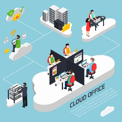 Cloud office isometric background with data protection and security symbols vector illustration