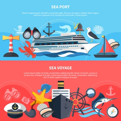 Sea voyage horizontal banners set with sea port symbols flat isolated vector illustration