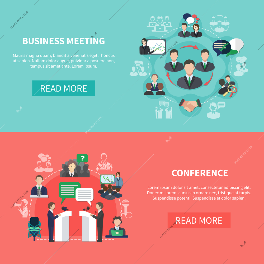 Business meeting banners with round compositions of flat social images characters text and read more button vector illustration