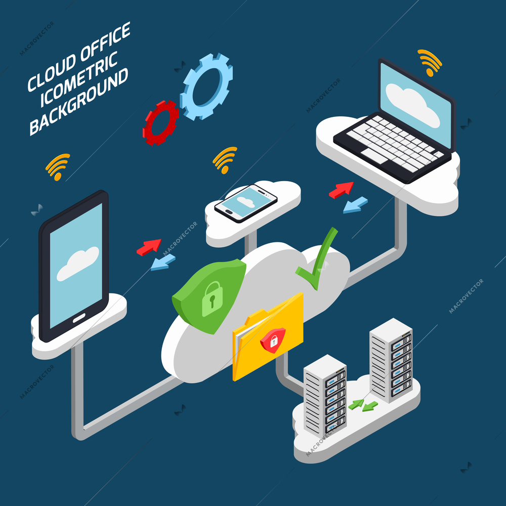 Cloud office and technology isometric background with database symbols vector illustration