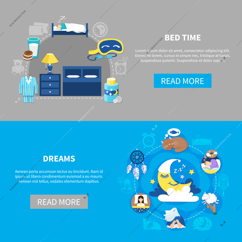 Bedtime attributes and night dreams symbols flat round compositions 2 horizontal banners webpage design isolated vector illustration